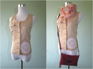 ETAM Womens Vtg 90s Crochet Embellished Linen Sleeveless Shirt Blouse sz S AV25 - Picture 1 of 6