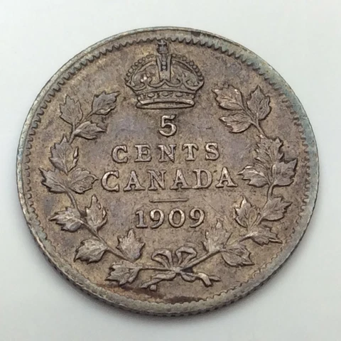 1909 Pointed Leaves Canada 5 Cents Small Silver KM# 13 Circulated Coin D178 Cover
