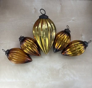 Lot 5 Large Heavy Mercury Glass Amber Teardrop Christmas Tree Ornaments 4” & 6” - Picture 1 of 10