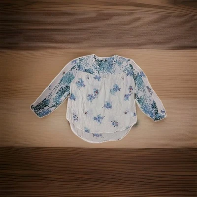 Lucky Brand Blouse size S Popover Boho white Blue Green floral V Neck Sheer Flow - Image 1 of 4