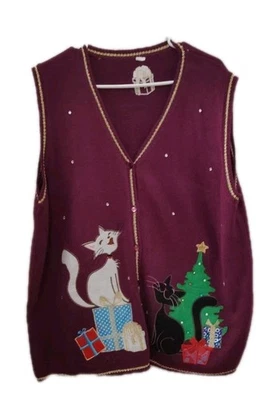 Vintage Sweater Vest Women  Purple Sequins Cats Christmas Grandmacore - Image 1 of 2