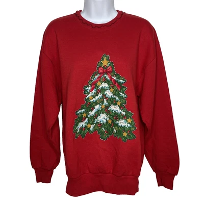 Sudadera Vintage Años 90 Jerzees Árbol de Navidad Talla M Roja Vacaciones Cuello Volantes Foto 1 de 4