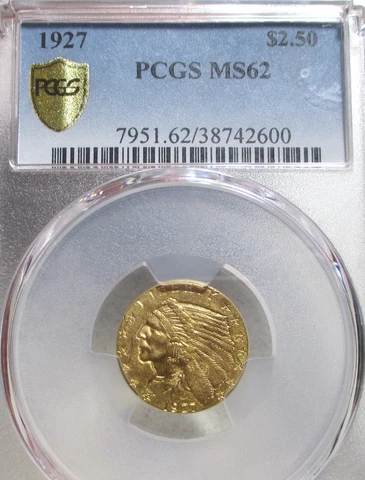 1927 GOLD $2.5 DOLLAR INDIAN HEAD QUARTER EAGLE PCGS MS62 RARE US COIN Cover