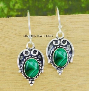 Malachite Gemstone 925 sterling silver handmade Dangle/Drop Earrings 1.25" - Picture 1 of 4