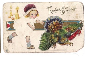 Adorable Tarjeta Postal de Saludos de Acción de Gracias NIÑA Persiguiendo TURQUÍA DB - Imagen 1 de 2