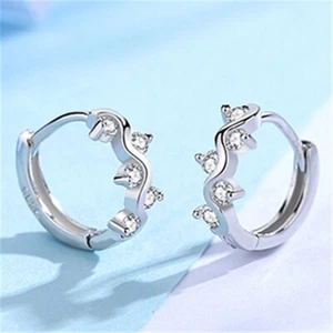 925 Sterling Silver CZ Crystal Leaf Circle Hoop Huggie Earrings Women Girls Gift - Picture 1 of 12