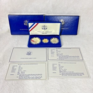Juego de 3 monedas conmemorativas de plata de oro de la Estatua de la Libertad 1986 de la Casa de la Moneda de Estados Unidos con certificado de autenticidad de caja - Imagen 1 de 24