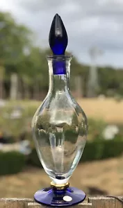 New Hand Blown Wine Decanter Crystal Clear With Cobalt Stopper Made In Romania - Picture 1 of 12