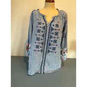 Vintage X America womens blouse blue size XL embroider long sleeve vneck peasant