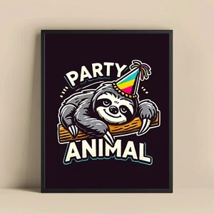 Party Animal Sloth - Fun Wall Art - Cute Sloth Poster in 8x10 - Picture 1 of 9