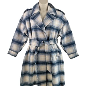 River Island Check Belted Coat, Wool Blend Oversized, Size L, Blue, RRP £95 - Picture 1 of 17