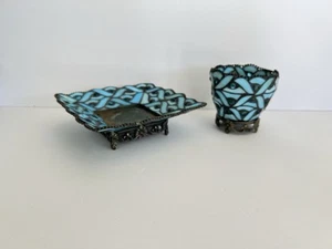 Partylite Spring Water Blue Stained Glass Pillar and Votive Candle Holder Used - Picture 1 of 3