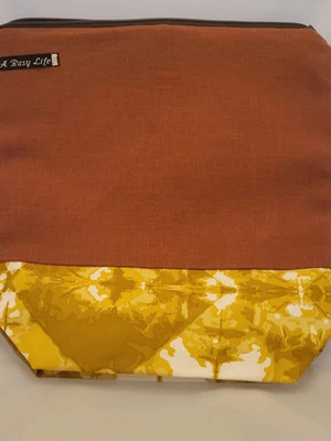 Rust linen and golden batik  project bag, Zippered Project Bag,   project bag - Image 1 of 3