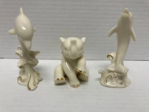 3 Sm Lenox Porcelain Ivory Figurines w/ 24K Gold Accents 2 Dolphins & Elephant - Picture 1 of 8