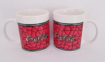 1996 Gibson Coca Cola Coffee Mugs (2) Stained Glass Design 12oz. - Image 1 of 4