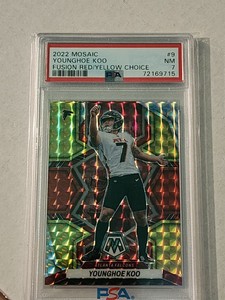 Younghoe Koo 2022 Panini Mosaic Choice Red/Yellow Fusion Prizm /80 Falcons PSA 7