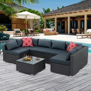 7 Pieces Patio Sofa Set Outdoor Furniture Sectional Rattan Sofa Garden Lawn Pool - Picture 1 of 11