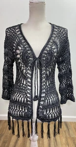 Compliments Gray Crotchet Open Knit Tie Front Cardigan Women’s Size Small NWT - Picture 1 of 12