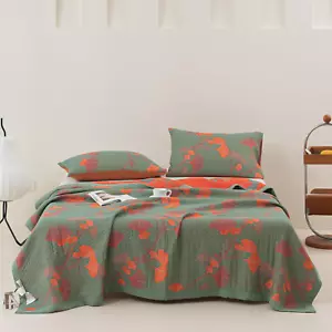 100% Cotton Muslin Blanket Jacquard Green Orange Floral Ginkgo Leaves Quilt, Sof - Picture 1 of 22