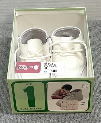 复古婴儿鹿鞋白色皮革系带软底婴儿尺寸 1 美国 6 wks - 3mos — 第 1/4 张图片