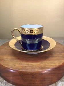 Legle Porcelain d'art Limoges Cobalt Blue & Gold ~ Demitasse Cup & Saucer - Picture 1 of 5