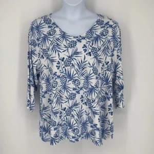 J. Jill 3X Blue Pineapple Print Pima Cotton 3/4 Sleeve V-Neck Tee Top Coastal - Picture 1 of 8