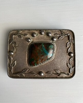 Men’s Western Metal Belt Buckle Natural Stone 3 x 2.5 OOAK Cowboy Rodeo Western - Image 1 of 4