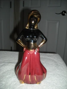 Vintage Dancing Woman Ceramic Figurine, Head Repaired, Black Gold Glaze - Picture 1 of 8