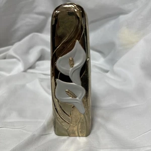 Jarrón de colección Mid Century blanco cala lily Bud bronce con superposición tono dorado japonés - Imagen 1 de 5