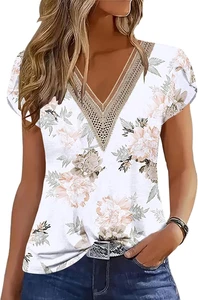 Womens Summer Tops 2025 Trendy Casual  Striped Print Cute Petal VNeck Cap Short  - Picture 1 of 26