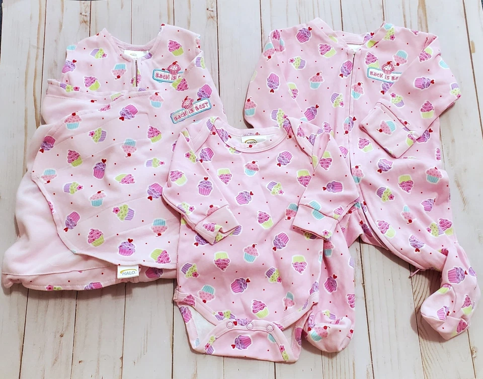 Conjunto de saco de dormir Halo bebê menina tamanho macacão recém-nascido + dormir e brincar 3 peças novo - Imagem 1 de 3