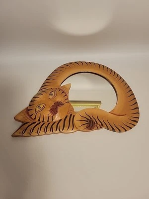 Vintage Folk Art Striped Cat Wood Round Mirror Indonesia  - Image 1 of 4