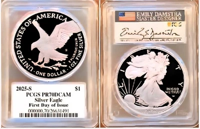 2025-S $1 PROOF ASE PCGS PF70 FIRST DAY OF ISSUE DAMSTRA (LAST S PROOF) PreSale  - Image 1 of 3