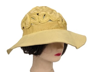 Vintage 1930s Beach Sun Hat Yellow Wide Brim Cut-Out Lined Crown - Picture 1 of 9