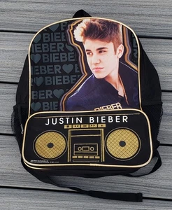 Zaino Justin Bieber 2013 nero con bordo oro Boombox 16" x 12" - Foto 1 di 9