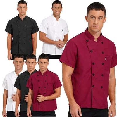 Mens Womens Chef Coat Jacket Short Sleeve Restaurant Hotel Cook Uniform Shirt - Image 1 of 4