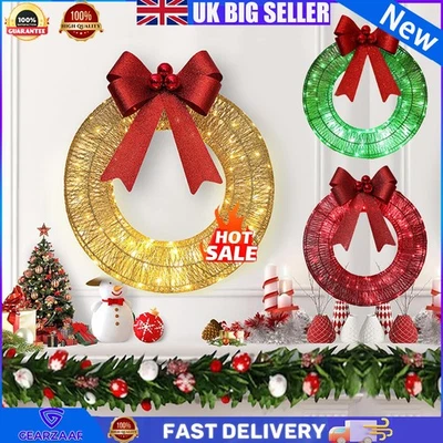 LED Metal Christmas Wreath with Red Bow Battery Operated Holiday Door Home Decor - Image 1 of 4