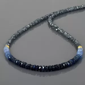 Natural Rough Black Diamond And Blue Sapphire Beads Nuggets 925 Silver Necklace  - Picture 1 of 6