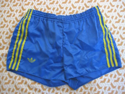 Short Adidas Ventex Bleu et jaune Vintage satin brillant Polyamide 80'S Foot - S - Photo 1/4