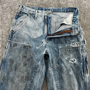 Carhartt Jeans Mens 30x34 Blue Light Wash Double Knee Dungaree Workwear Thrashed - Picture 1 of 17