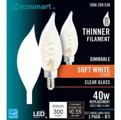 EcoSmart 40W LED Soft White E12 Candelabra Base Thinner Filament Bulb 3-Pack B11 - Image 1 of 4