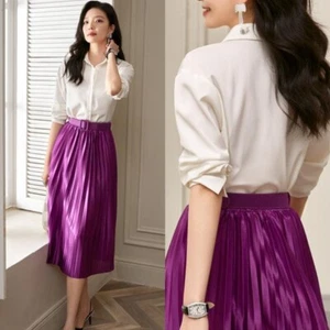 Ladies Metallic Silky Satin Pleated Skirt Midi A-line Big Swing Shiny Fashion - Picture 1 of 21