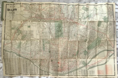 Antiguo mapa desplegable de 1925 de San Luis y los suburbios con líneas de tranvía y autobús Foto 1 de 4