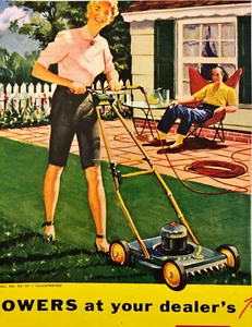 1955 Huffy Gas & Electric Mowers Vintage Print Ad Bill Stern Mid Century Lawn - Picture 1 of 5