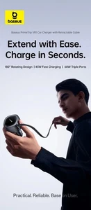 Baseus 60W Car Charger 45W Retractable Cable Fast Charging 3 Ports 180° Rotating - Picture 1 of 15