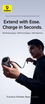 Baseus 60W Car Charger 45W Retractable Cable Fast Charging 3 Ports 180° Rotating - Image 1 of 4