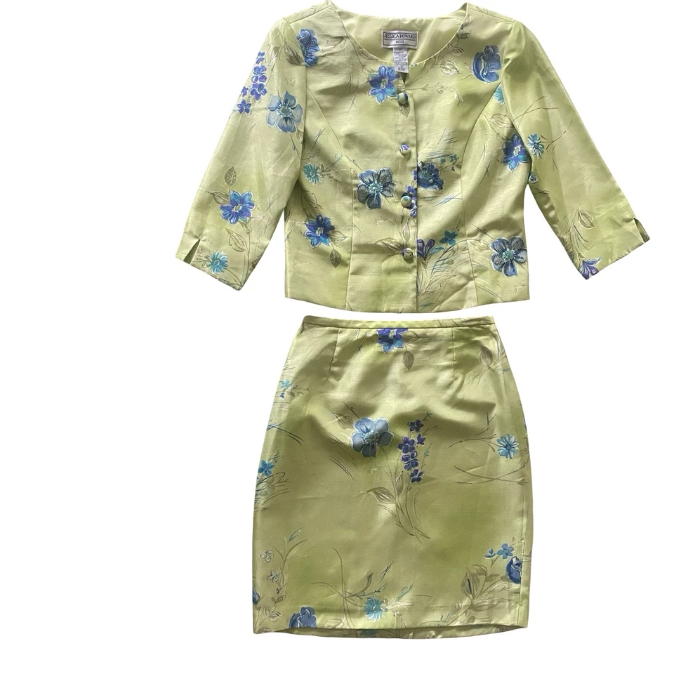 Jessica Howard Petite Conjunto Floral 2 Piezas Talla 10P Verde Azul Falda Blazer Traje Foto 1 de 4