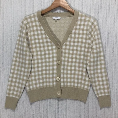 Suéter cárdigan para mujer Sioni beige blanco a cuadros guinga cuello en V botón delantero Foto 1 de 4