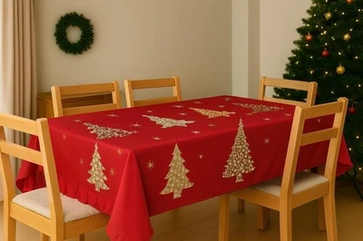 Tovaglia Cerata Natalizia Rossa Antimacchia Impermeabile Volant Made in Italy - Immagine 1 di 4