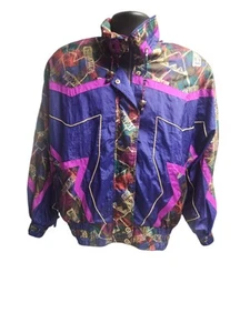 East West Jacket Womens S Purple Gold 80s 90s Windbreaker Nylon Shoulder Pads - Picture 1 of 6